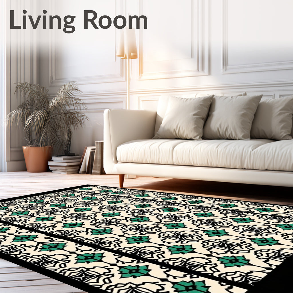 Cream Black Teal Damask Tile Rug