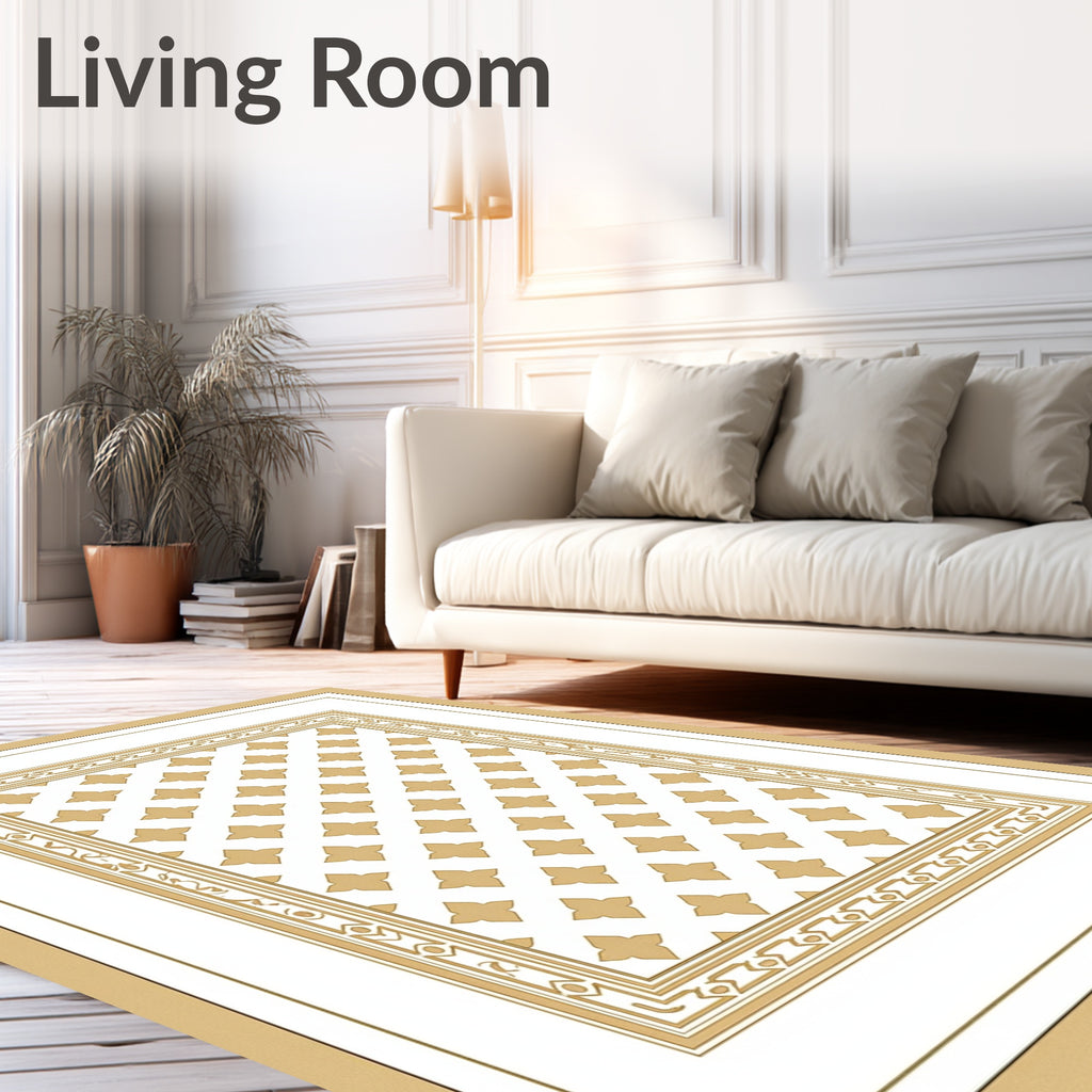 Golden Quatrefoil Bordered Linen Rug