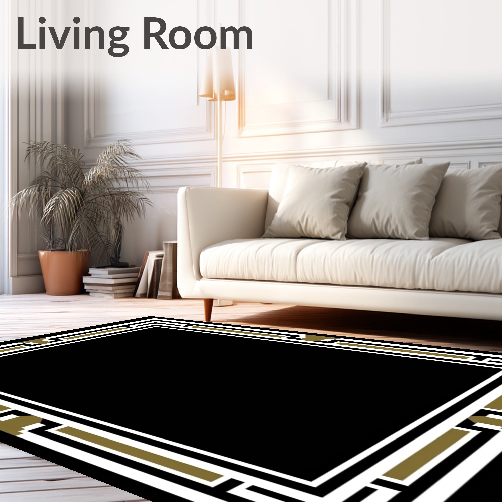 Contemporary Black White Gold Border Rug