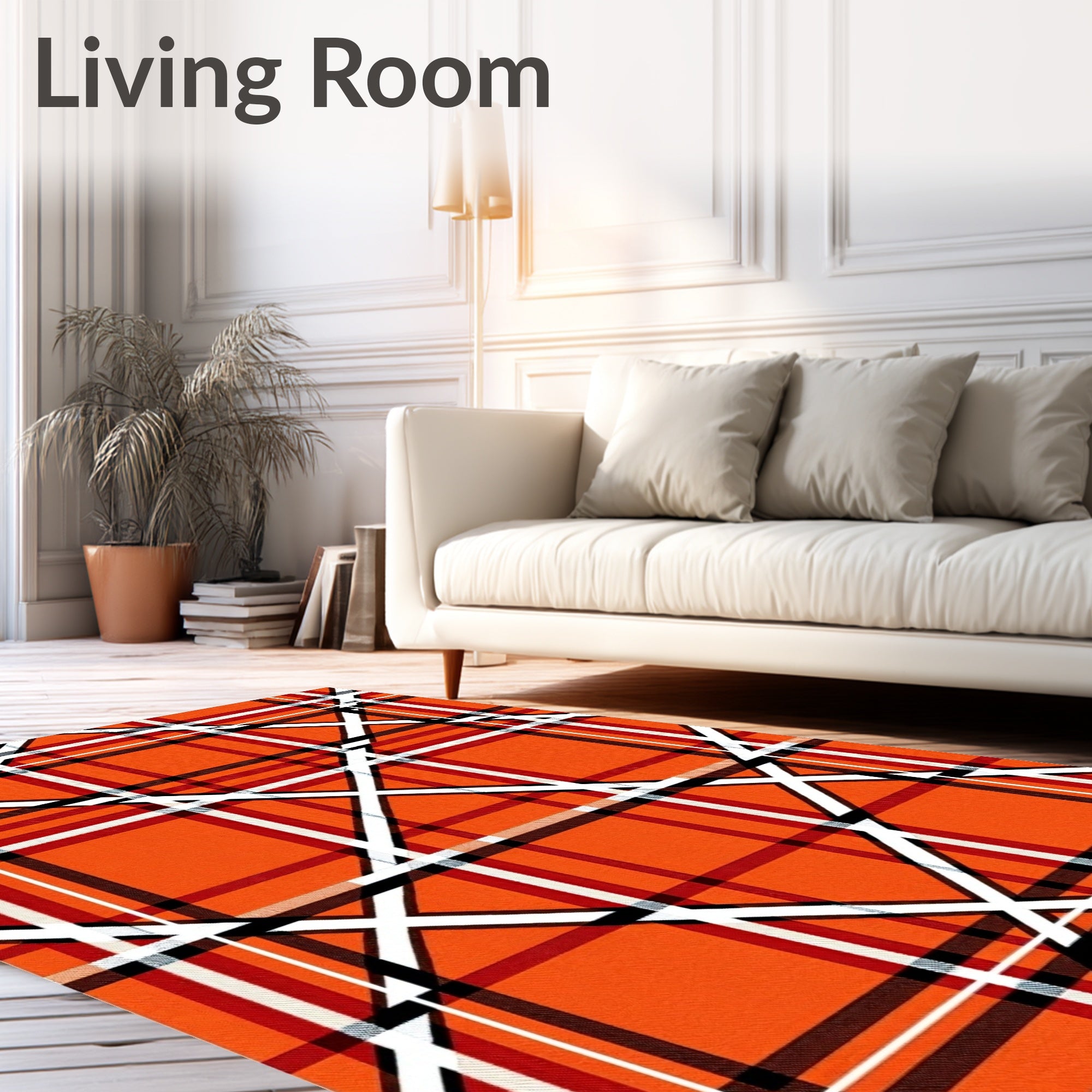 Vibrant Orange Red White Plaid Intersection Rug