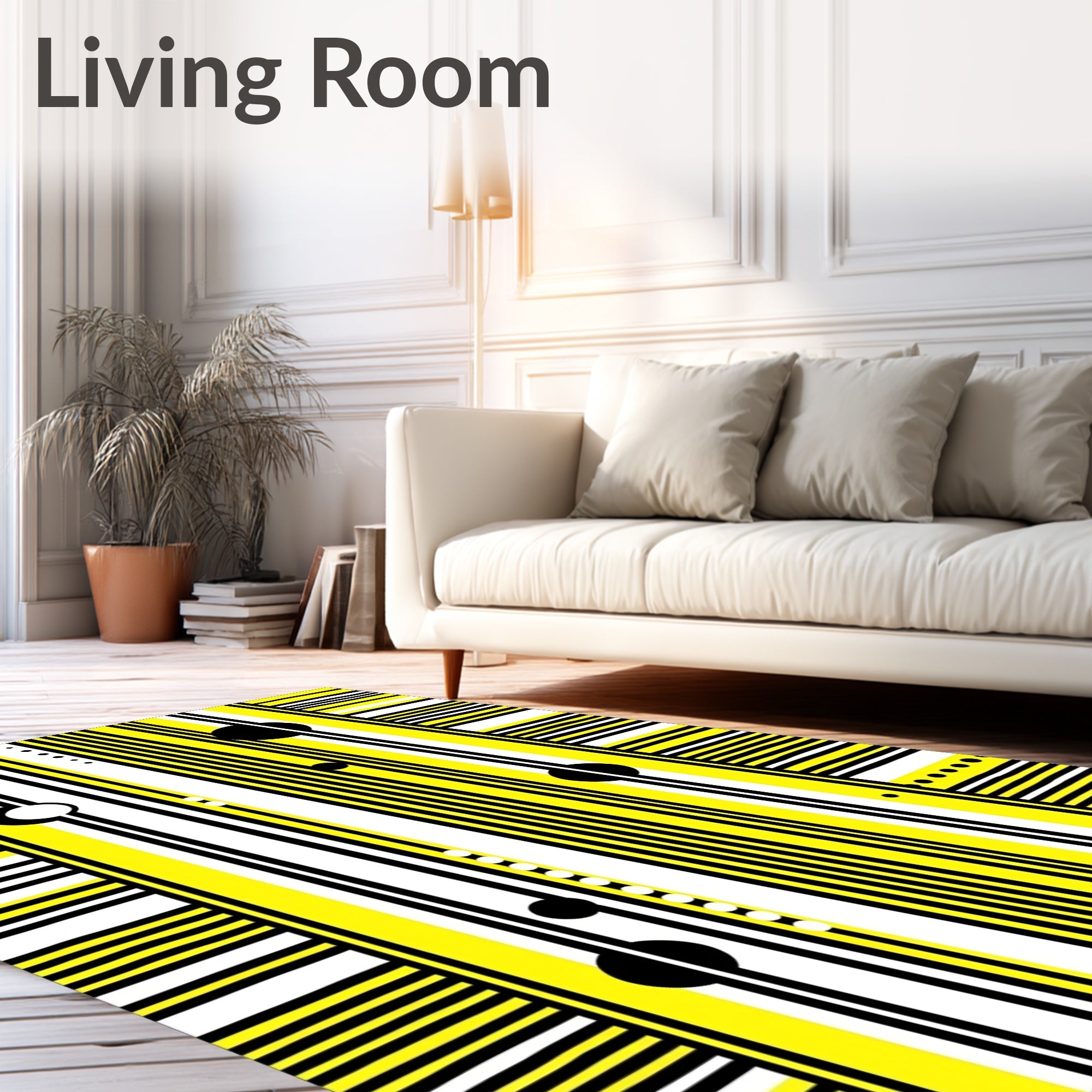 Modern Yellow Black Stripe Orb Rug