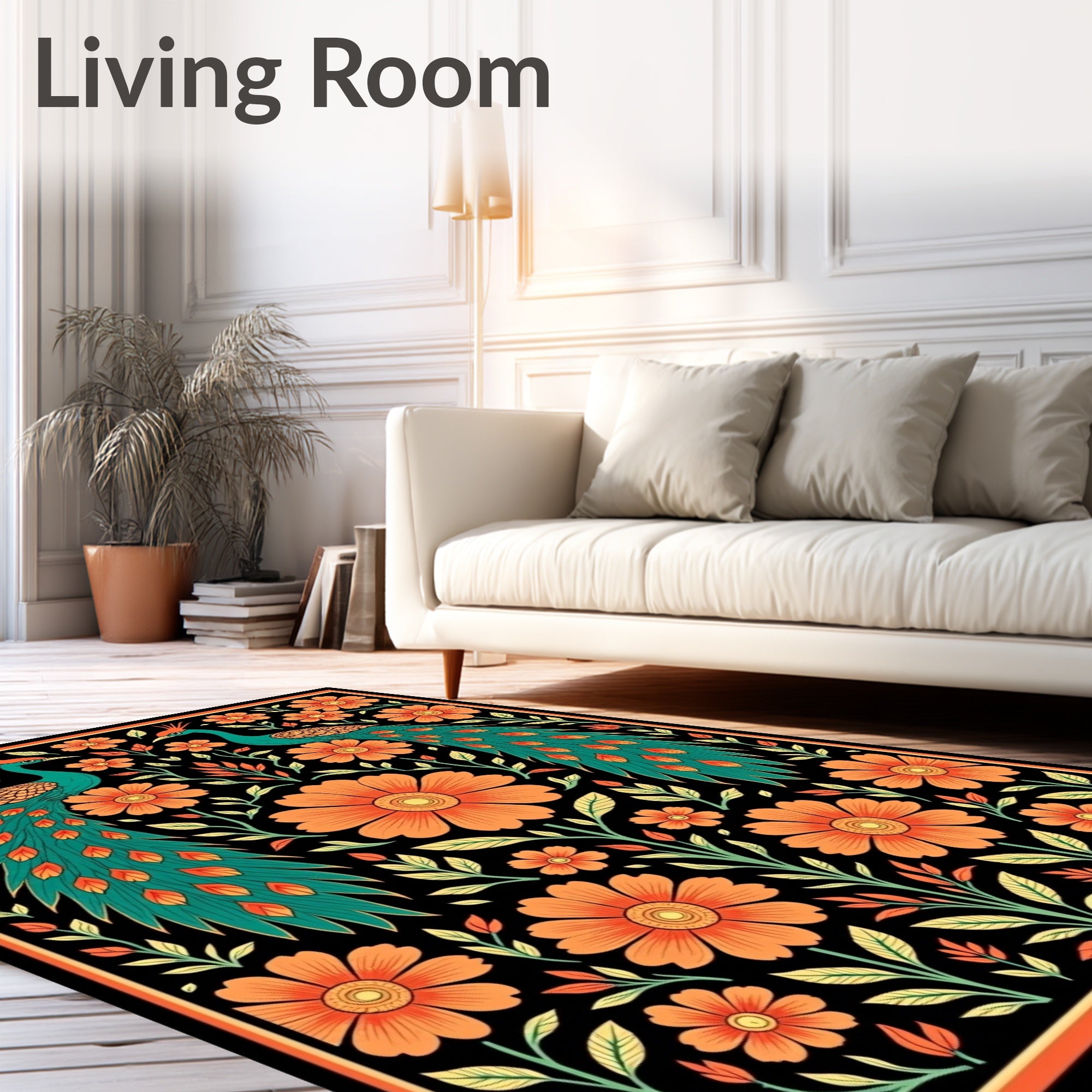 Emerald Peacock Orange Floral Garden Rug