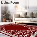 Crimson White Swirling Floral Border Rug