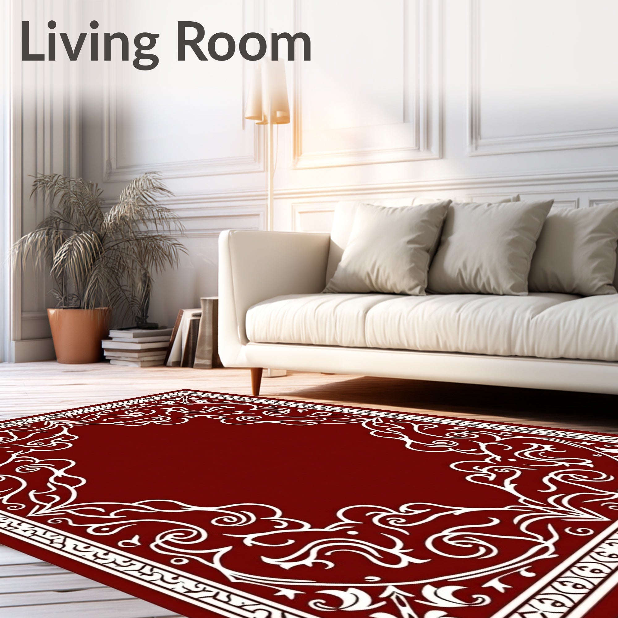 Crimson White Swirling Floral Border Rug