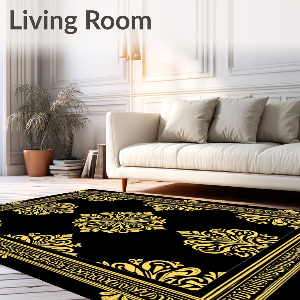 Golden Black Elaborate Floral Border Rug