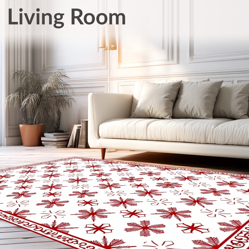 Crimson Snowflake Geometric Border Rug