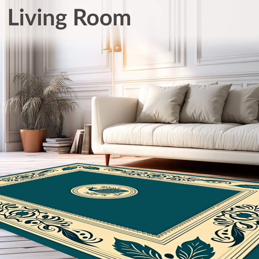 Teal Peacock Oval Border Rug