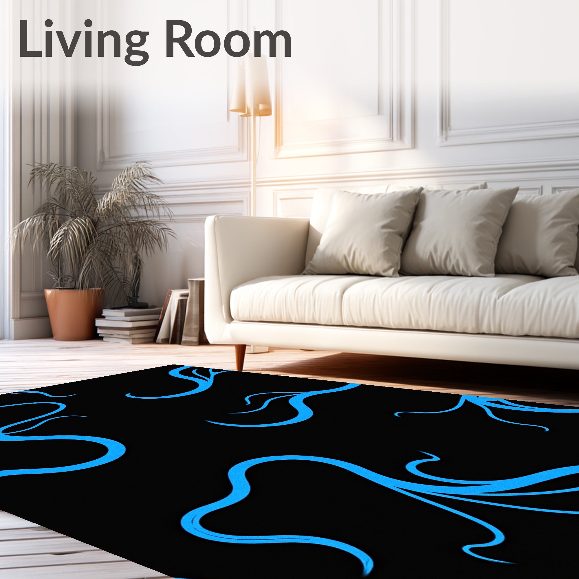 Vibrant Blue Swirls on Black Background Rug