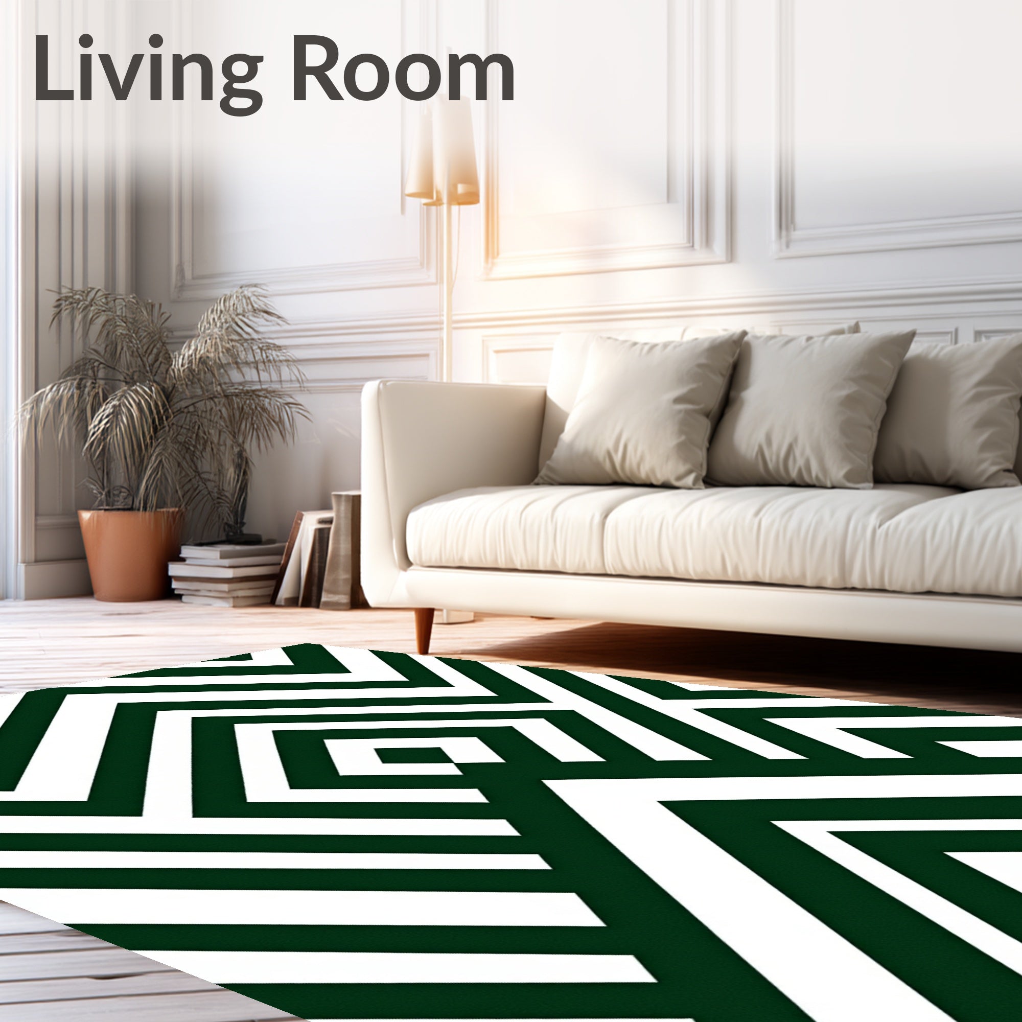 Dark Green White Geometric Maze Rug
