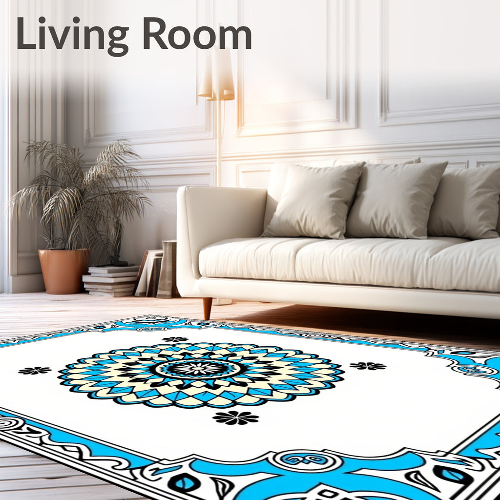 Bright Blue Medallion With Floral Accents Rug