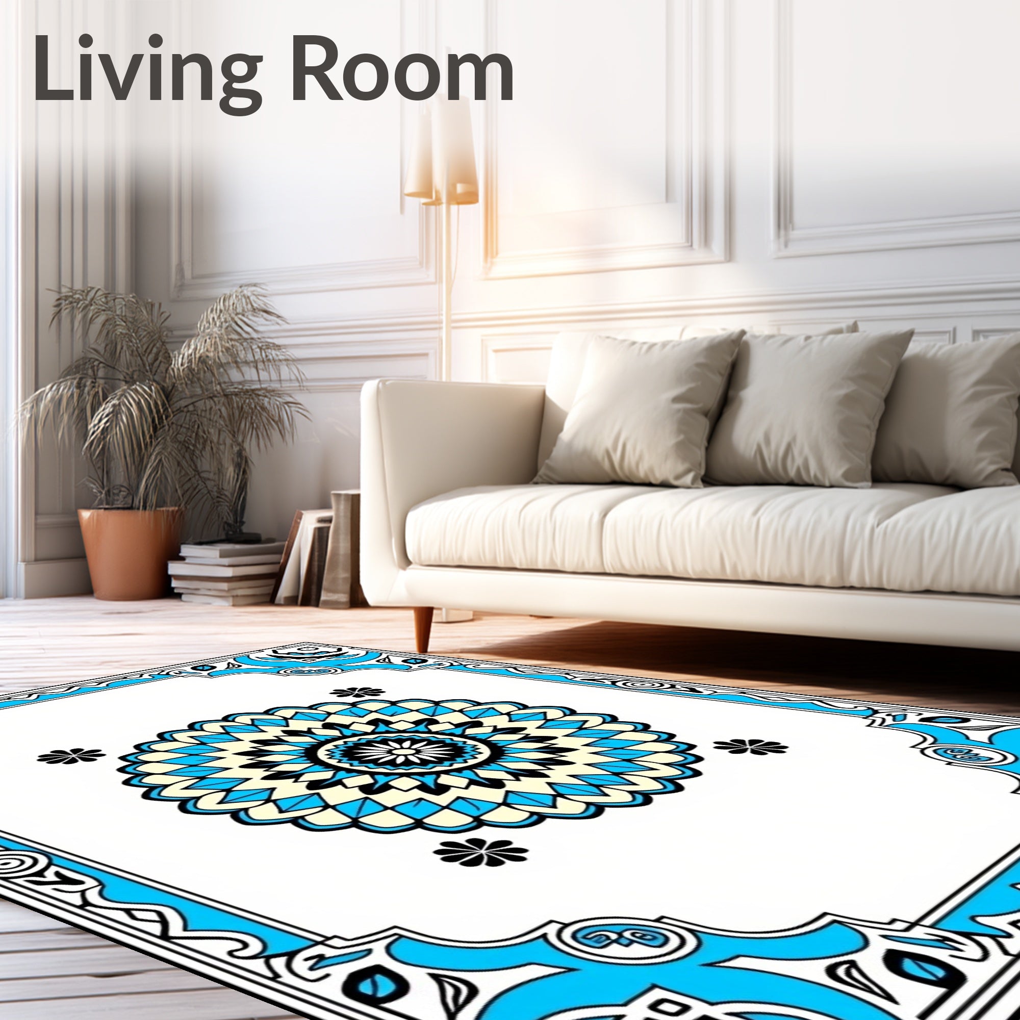 Bright Blue Medallion With Floral Accents Rug