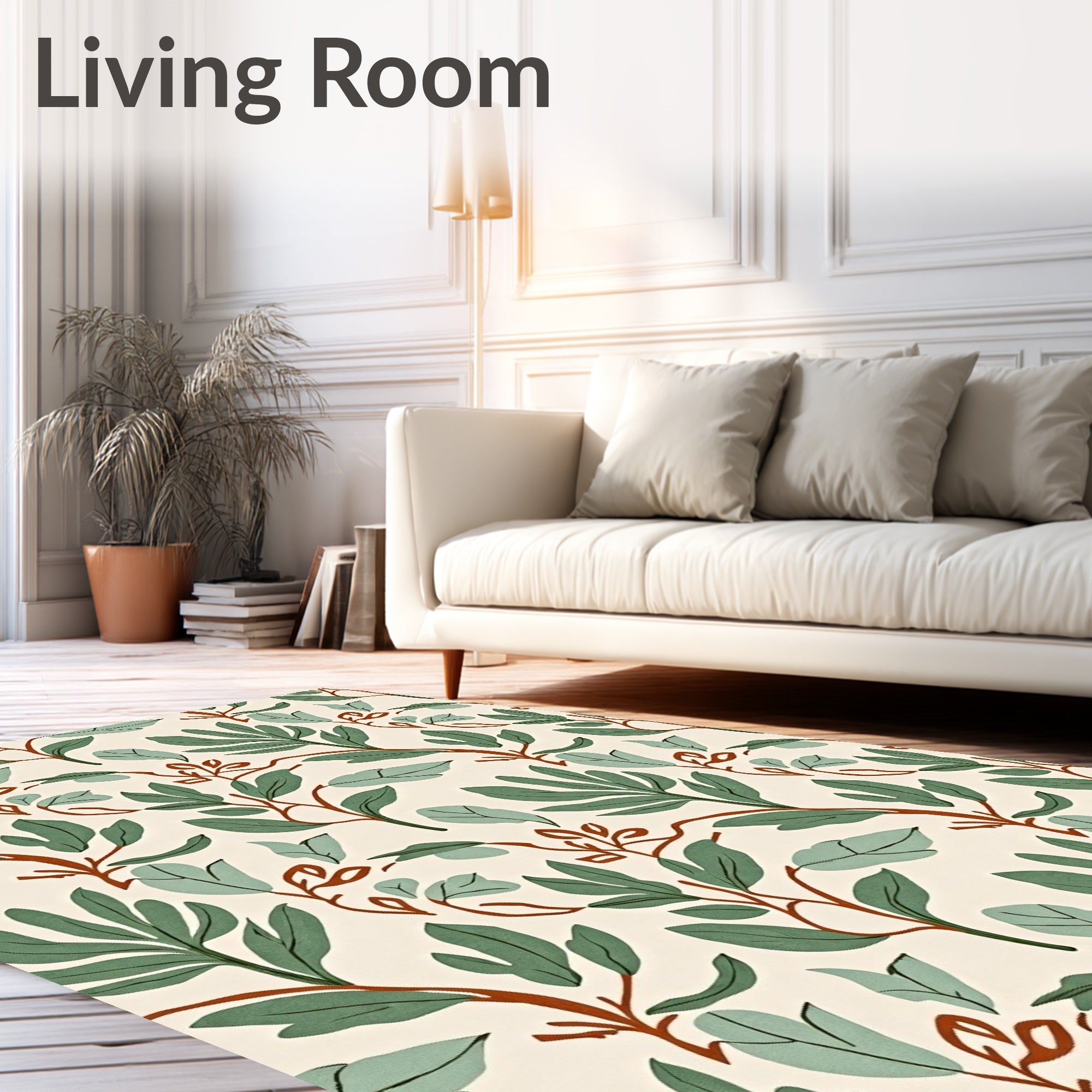 Earthy Green Botanical Leaf Arrangement Rug