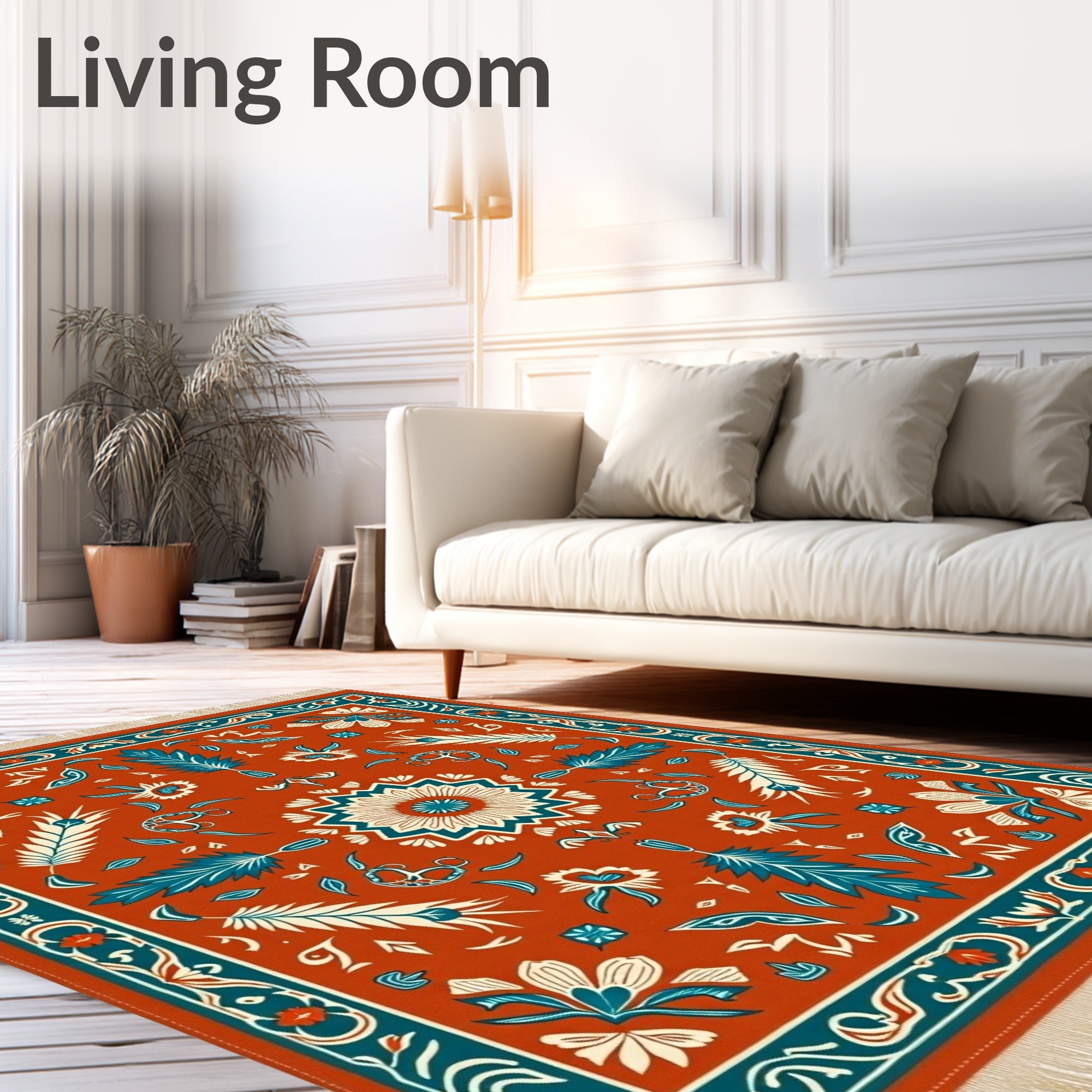 Terracotta Floral Medallion Teal Border Rug