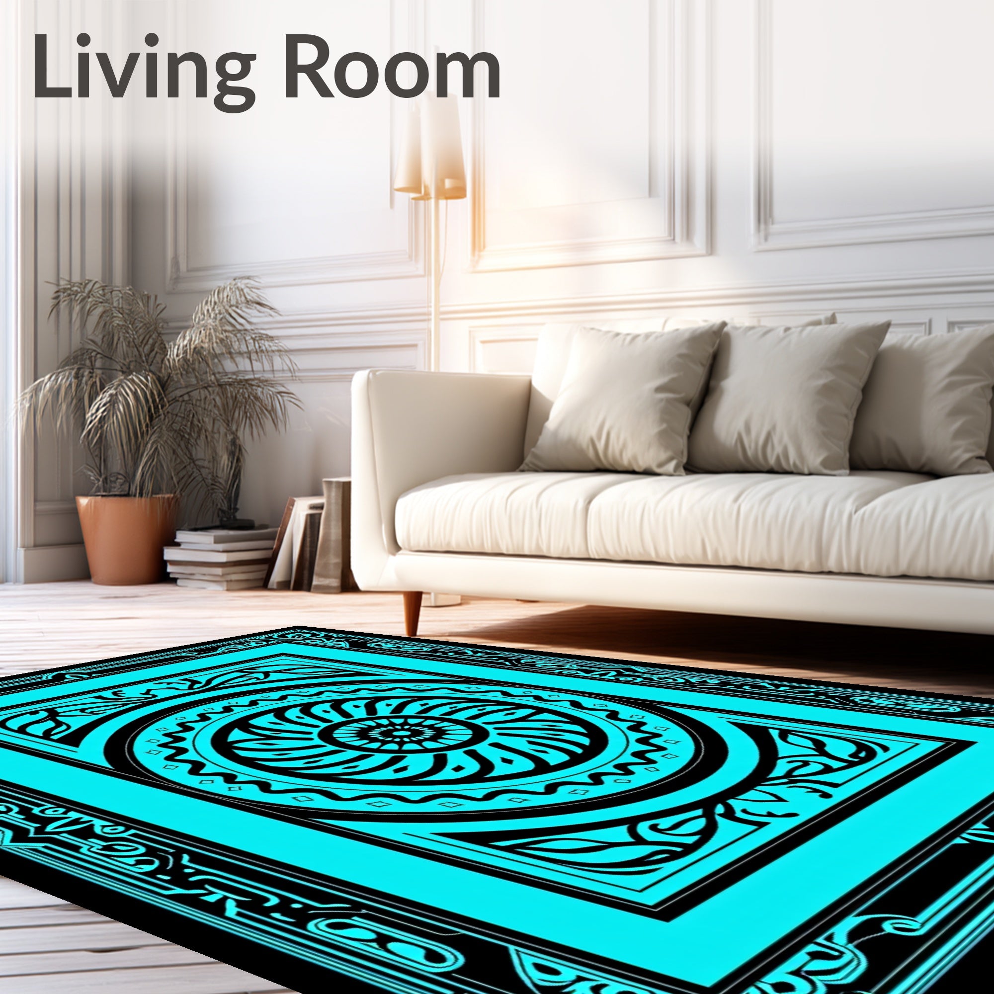 Bright Teal Floral Sunburst Mandala Rug