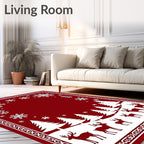 Crimson Snowflakes Deer Forest Border Rug