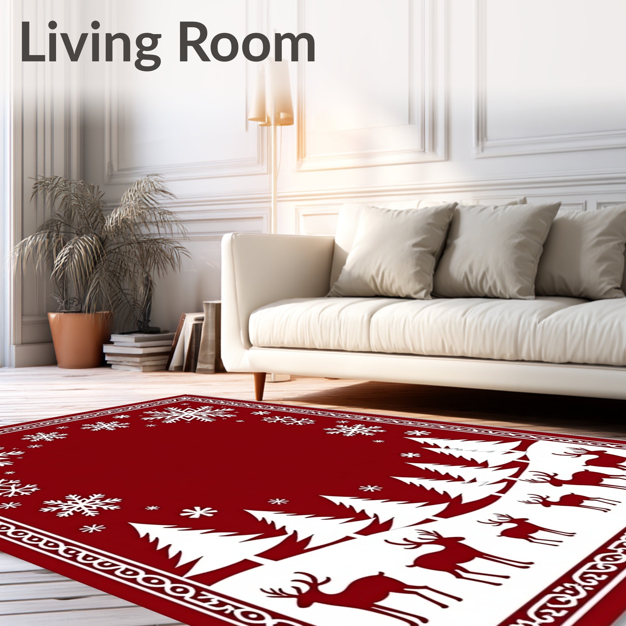 Crimson Snowflakes Deer Forest Border Rug