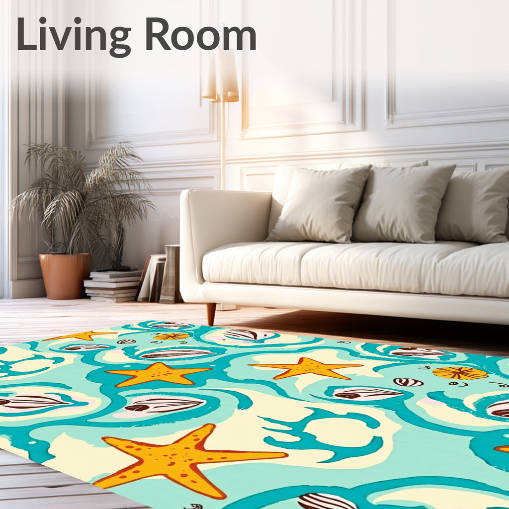 Oceanic Starfish Shells Aqua Harmony Rug