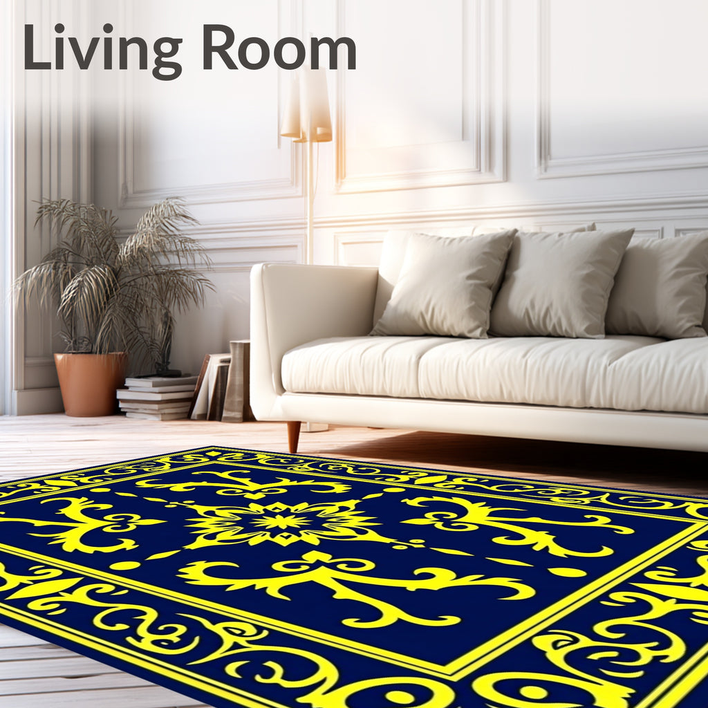 Navy Blue Golden Floral Medallion Rug