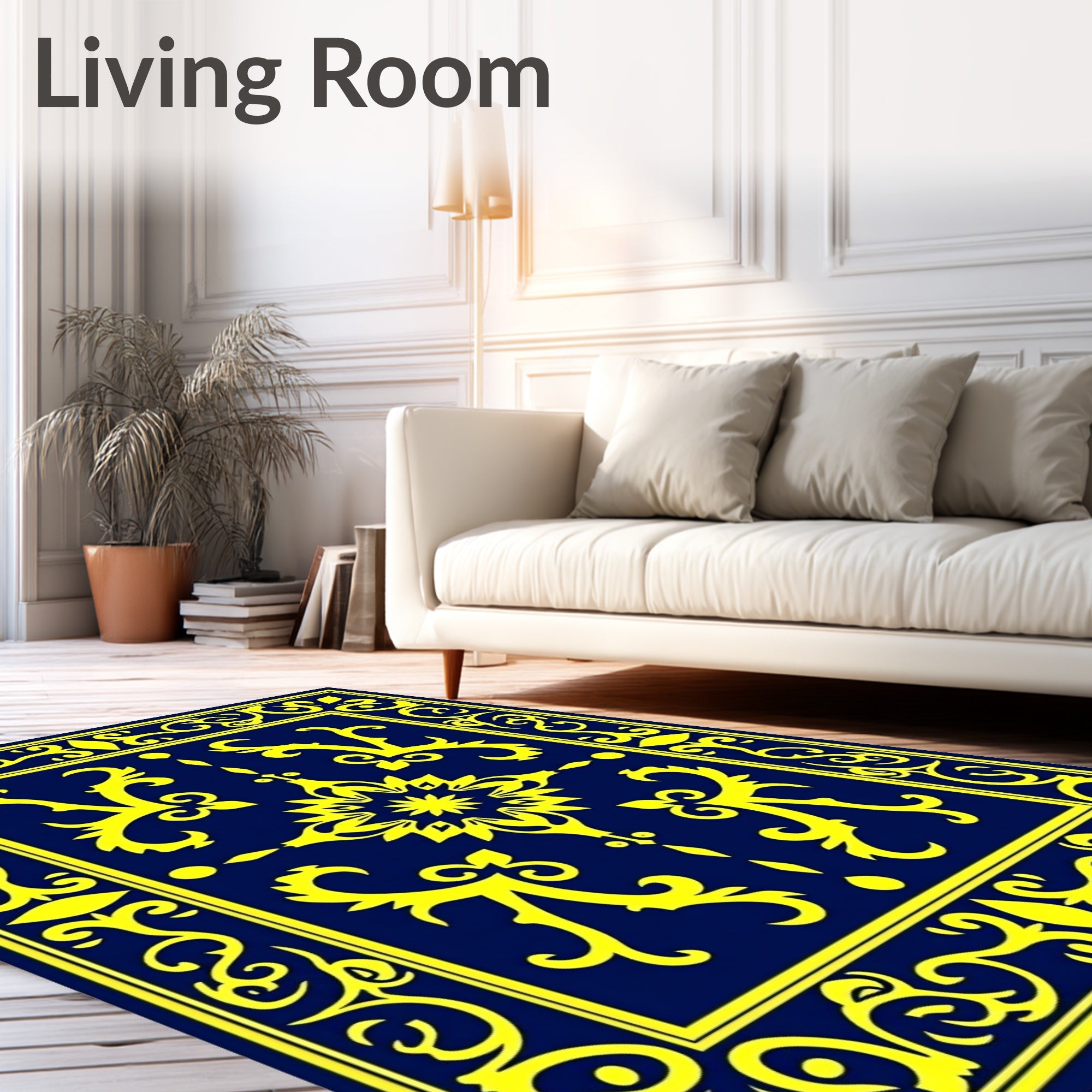 Navy Blue Golden Floral Medallion Rug