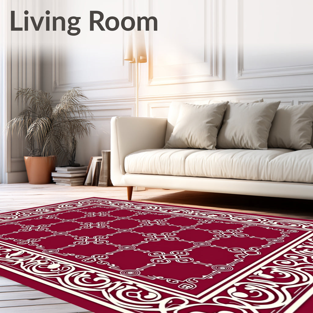 Ornate Crimson Geometric Border Rug