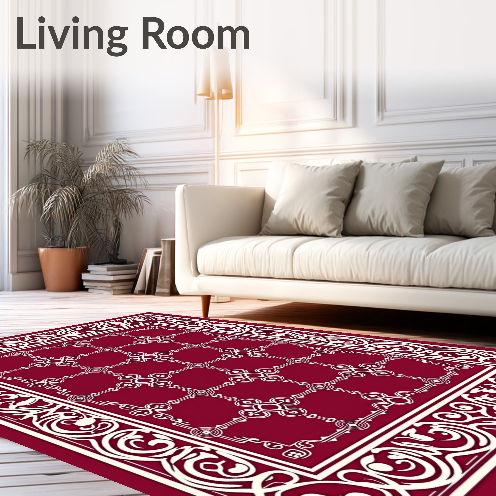 Ornate Crimson Geometric Border Rug