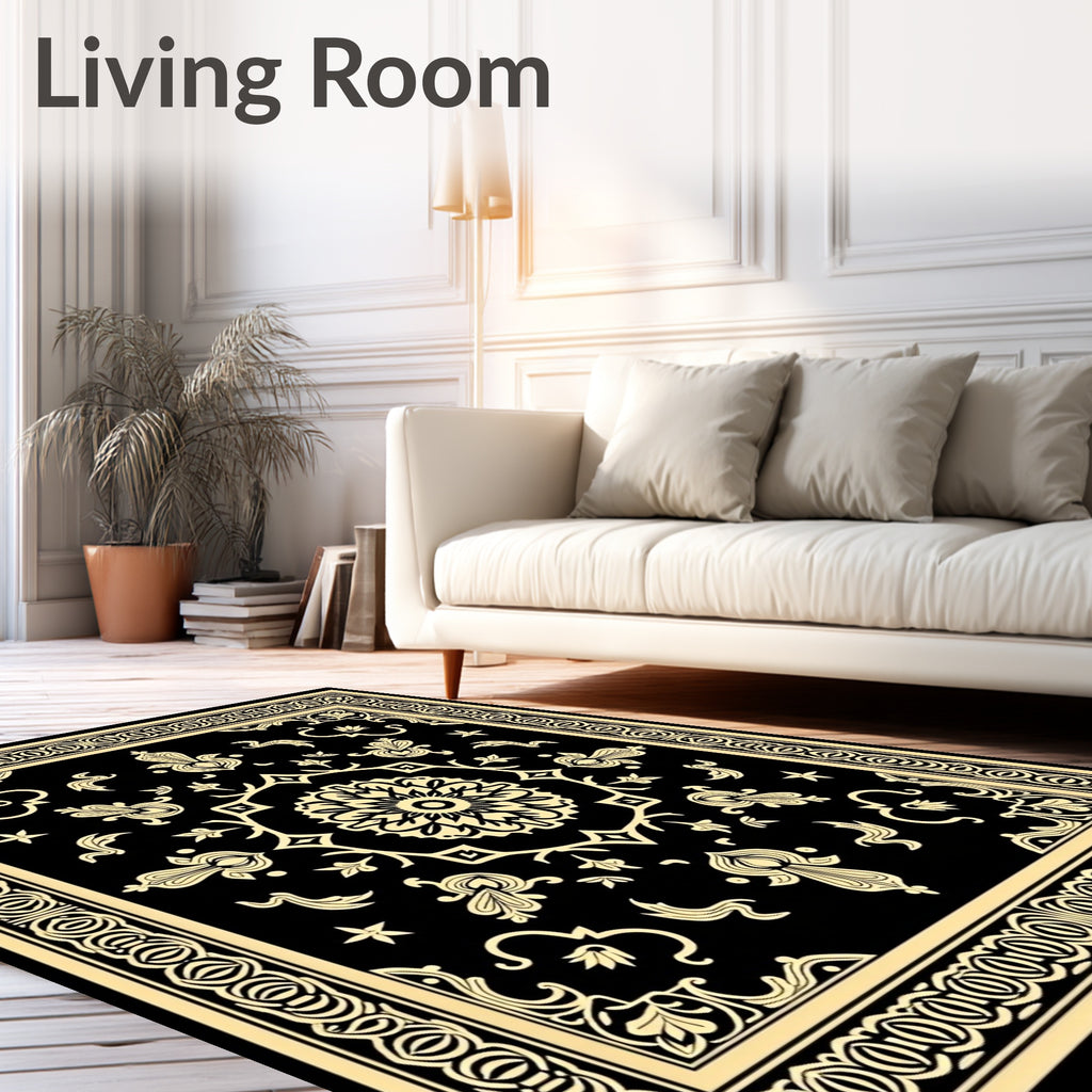 Timeless Black Gold Floral Medallion Rug