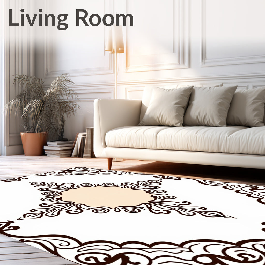 Brown White Filigree Medallion Border Rug