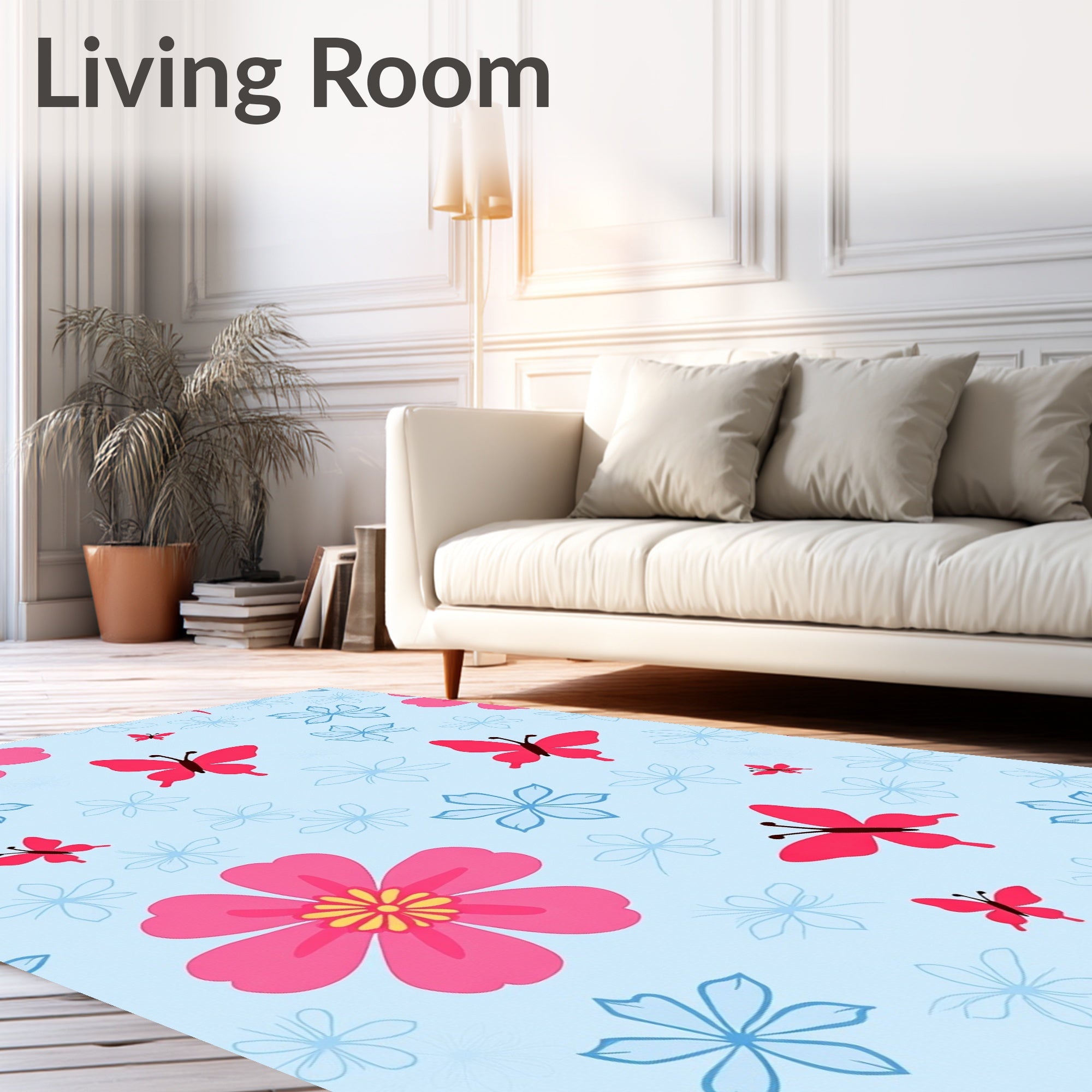 Whimsical Pink Butterfly Blue Flower Rug