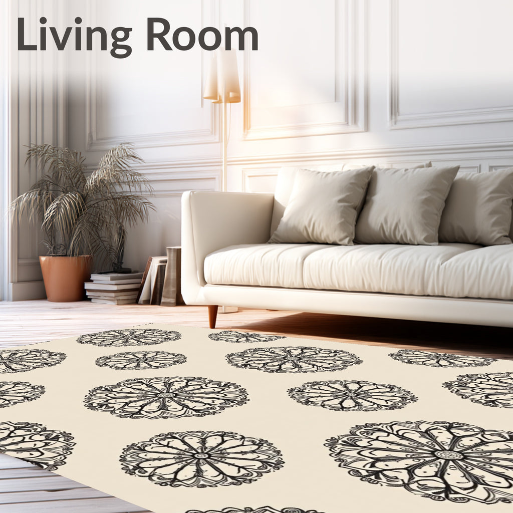 Cream Black Vintage Floral Mandala Rug