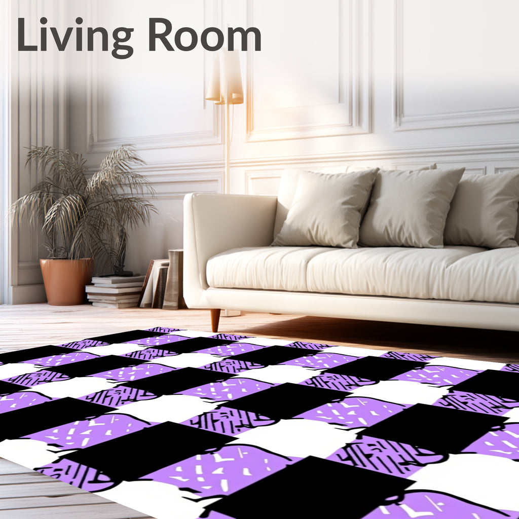 Lavender Black Checkerboard Abstract Shapes Rug