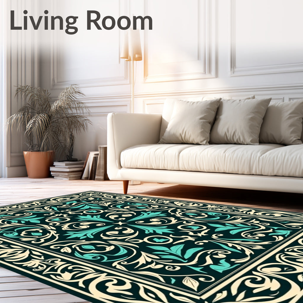 Dark Teal Cream Floral Scroll Rug