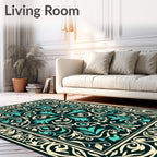 Dark Teal Cream Floral Scroll Rug