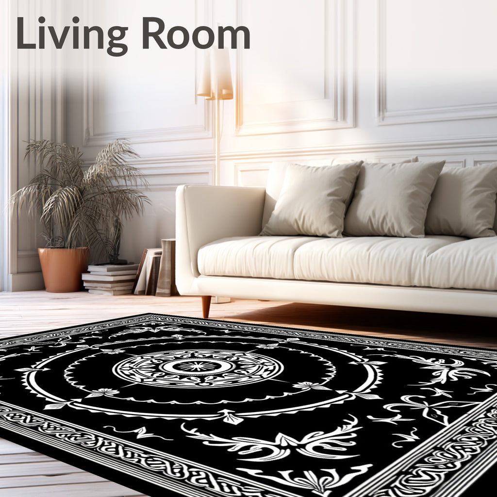 Black White Mandara Floral Banded Rug