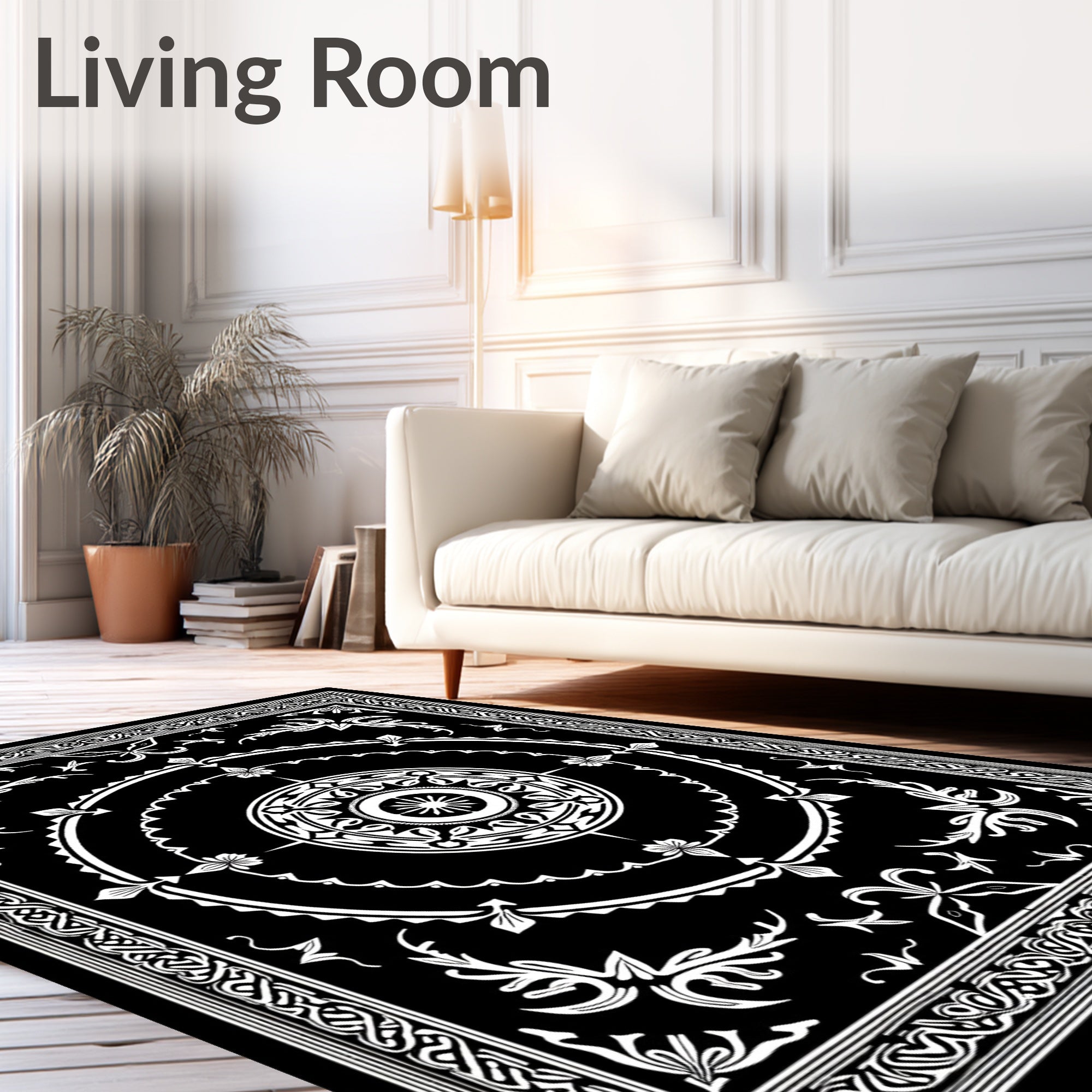 Black White Mandara Floral Banded Rug