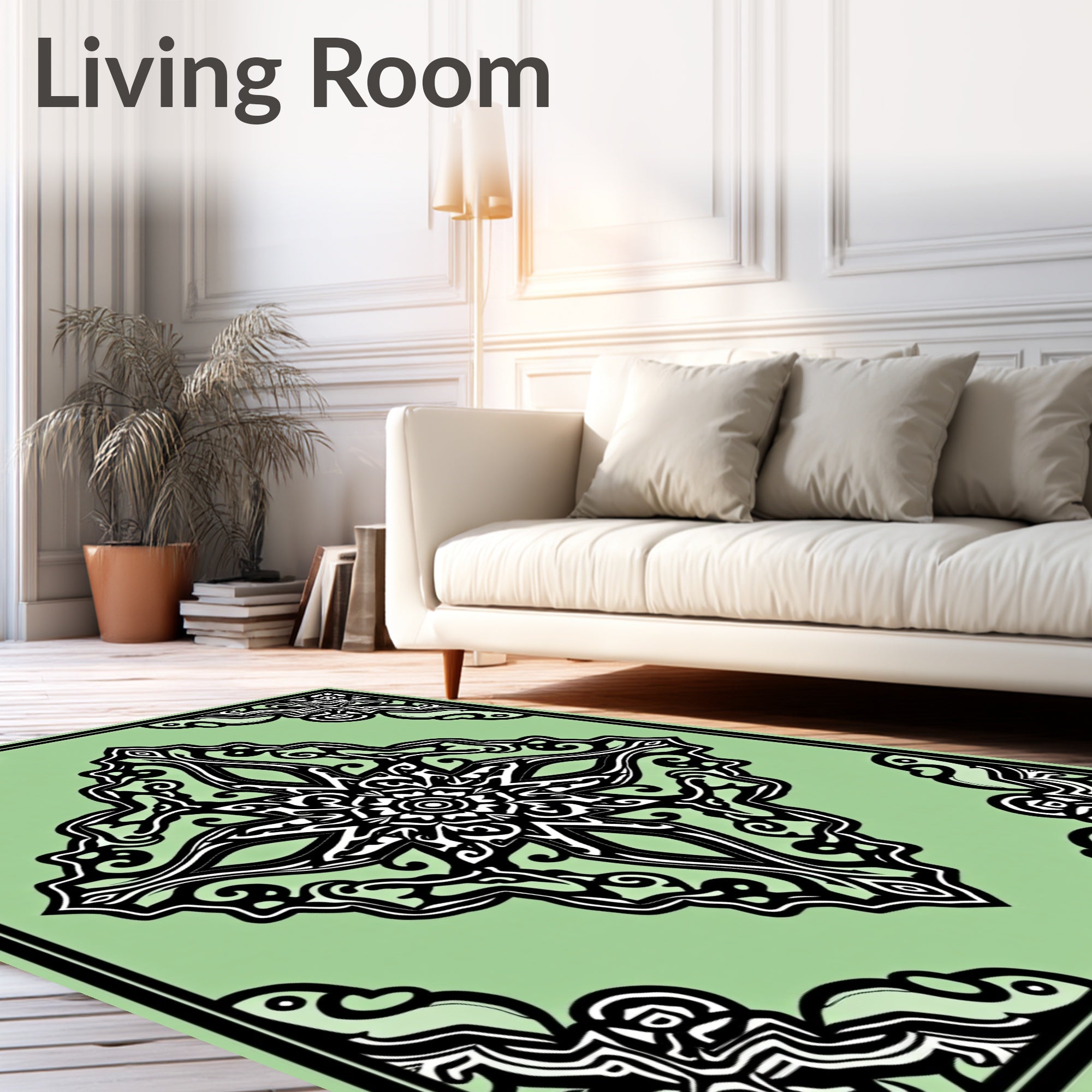 Light Green Black Ornate Medallion Rug