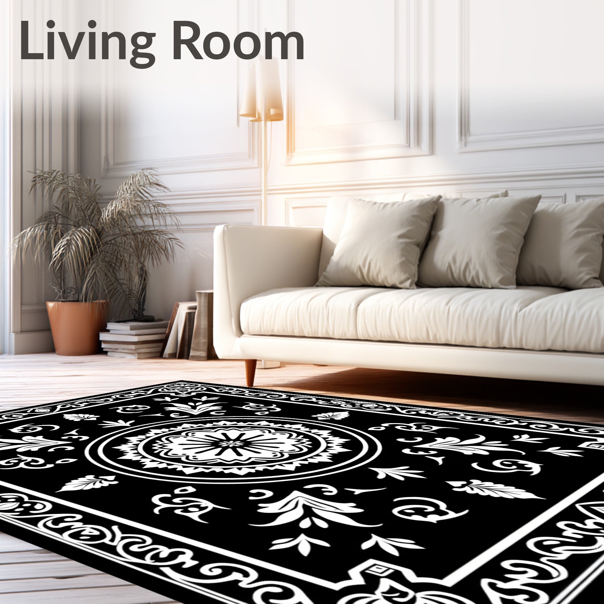 Black White Ornate Floral Centerpiece Rug