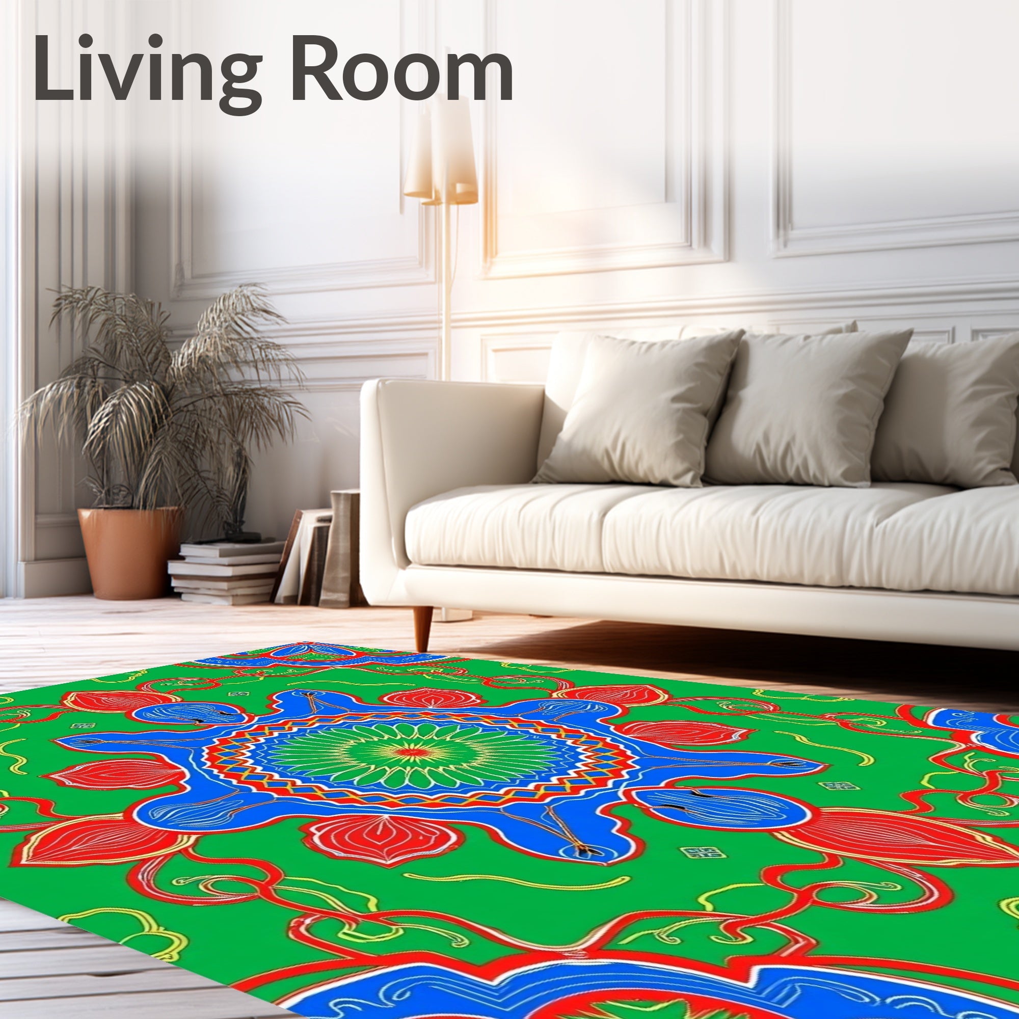 Vibrant Green Blue Red Mandala Intricate Rug