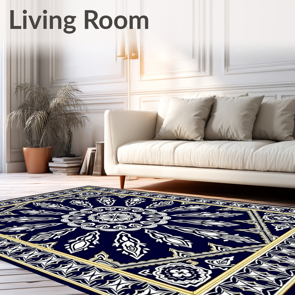 Midnight Blue White Golden Medallion Rug