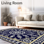 Midnight Blue White Golden Medallion Rug