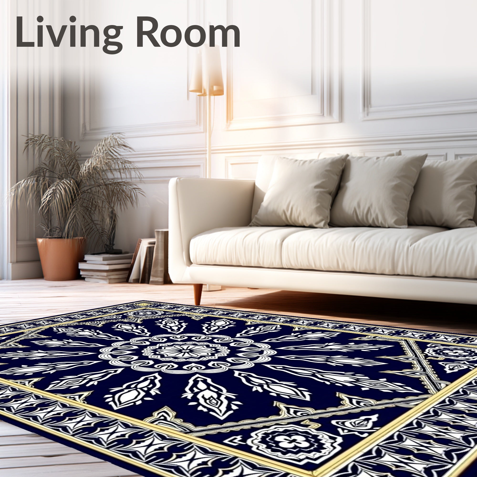 Midnight Blue White Golden Medallion Rug