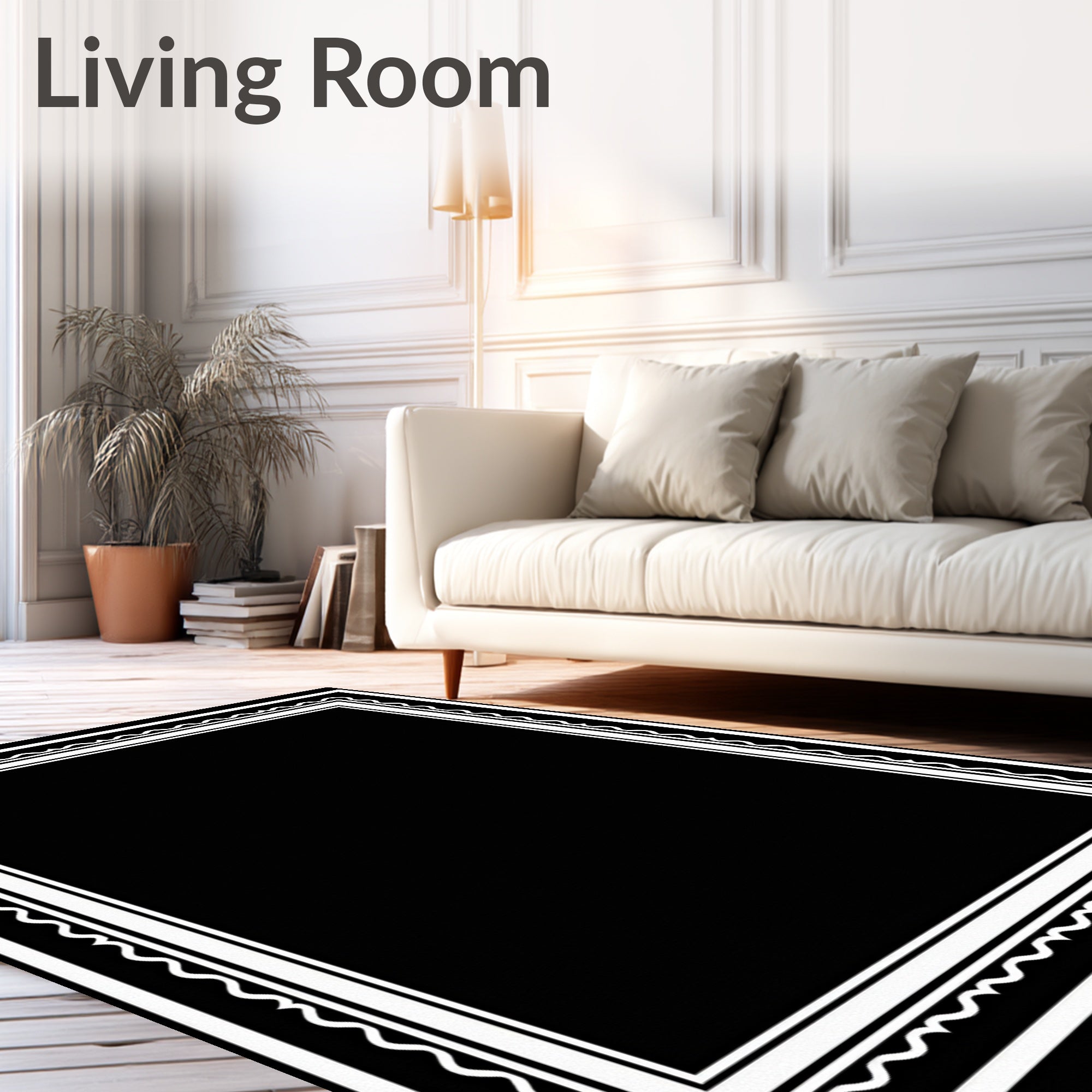 Black White Geometric Wavy Border Rug