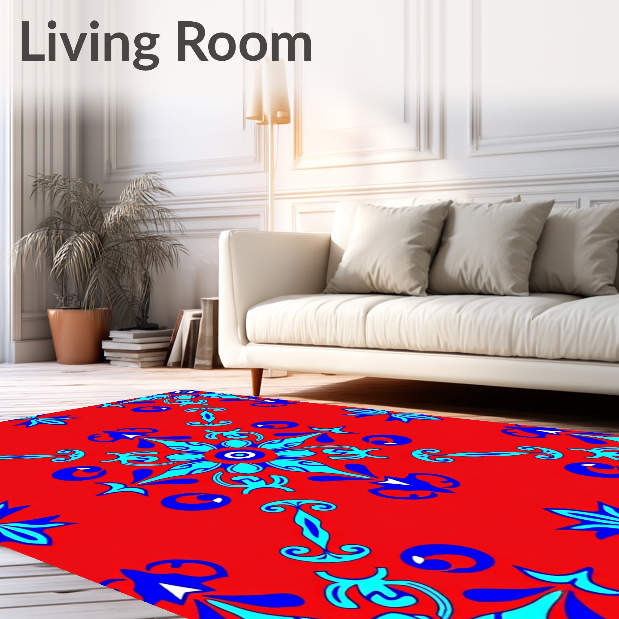 Vibrant Red Blue Floral Medallion Rug
