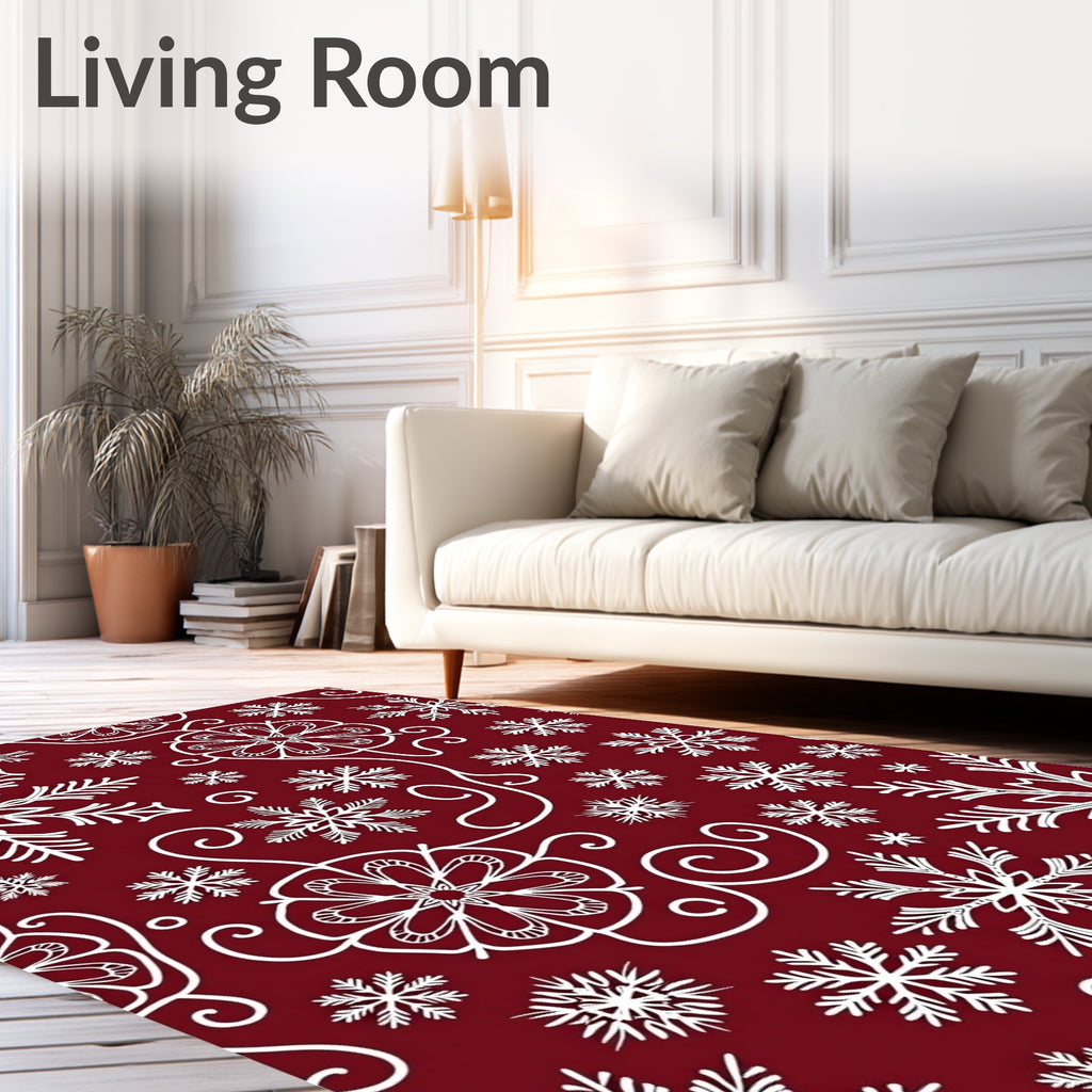 Crimson White Snowflake Swirls Rug