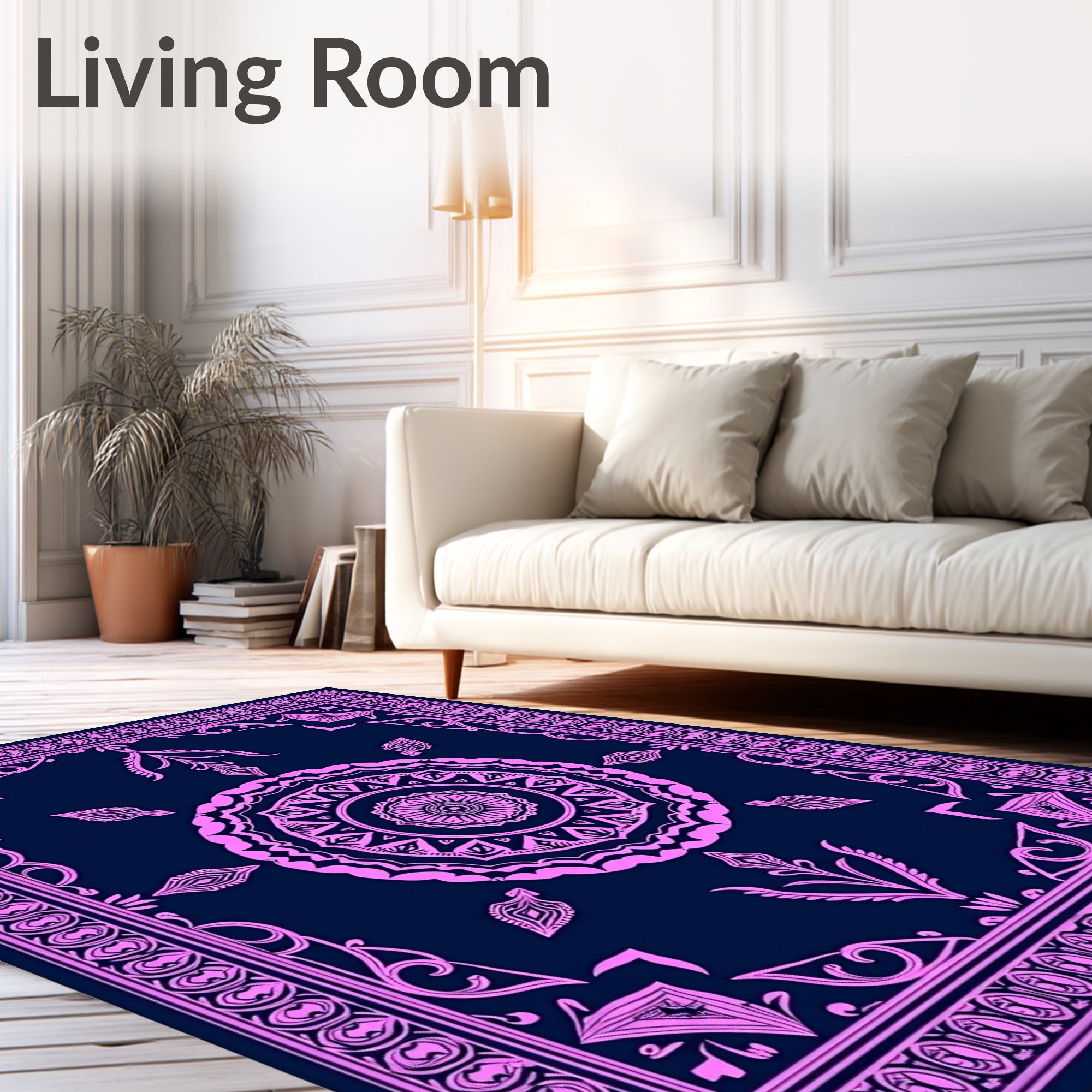 Pink Navy Mandala Floral Border Rug