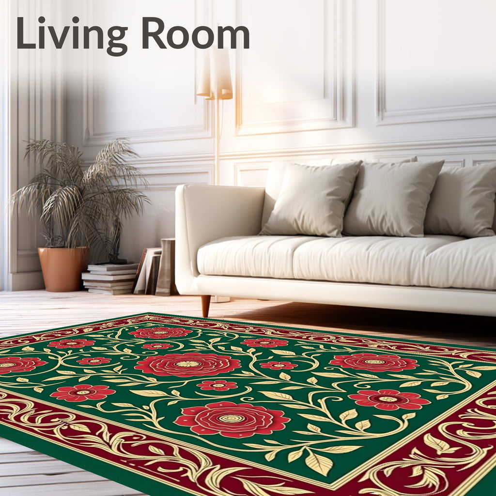 Emerald Green Floral Botanical Border Rug