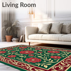 Emerald Green Floral Botanical Border Rug