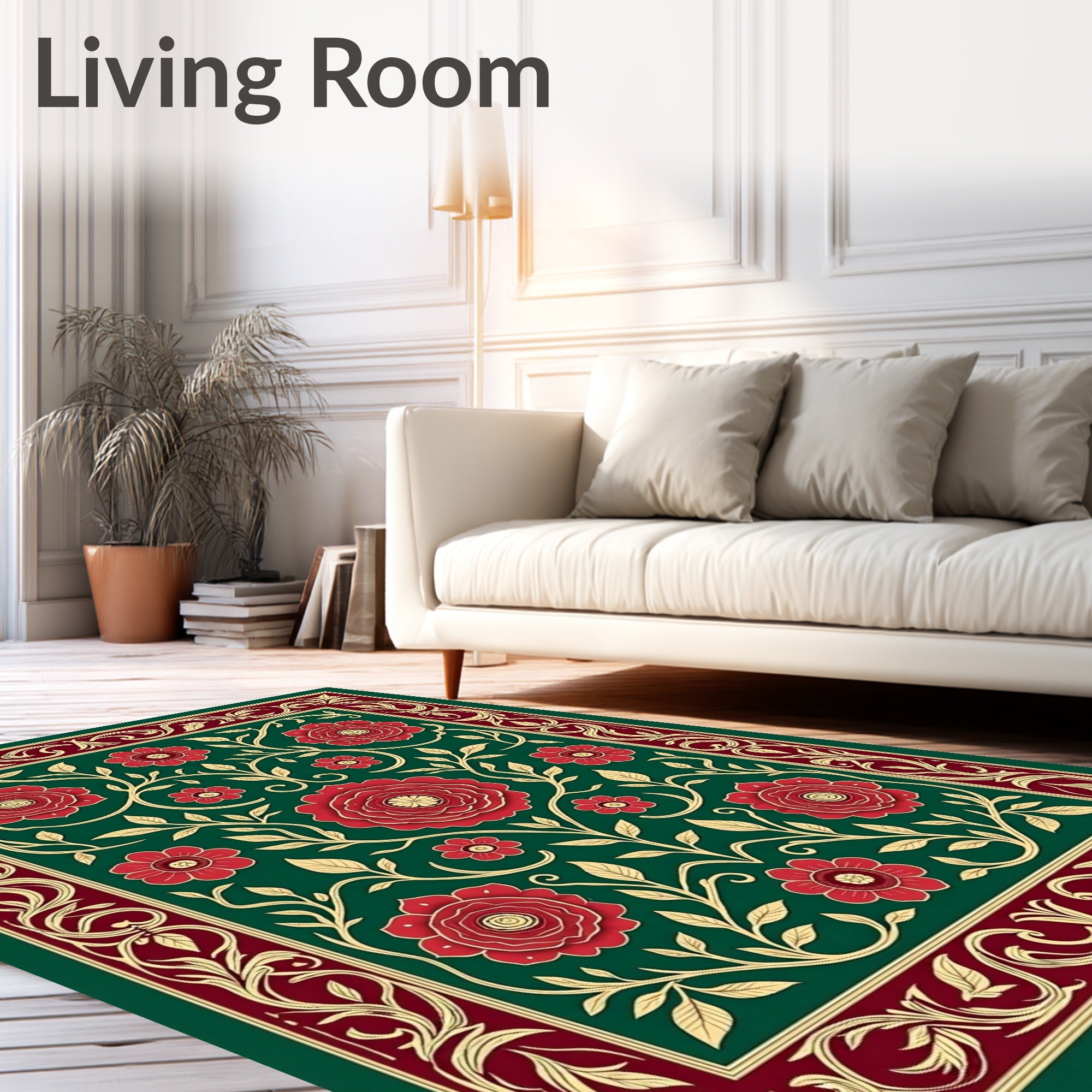 Emerald Green Floral Botanical Border Rug