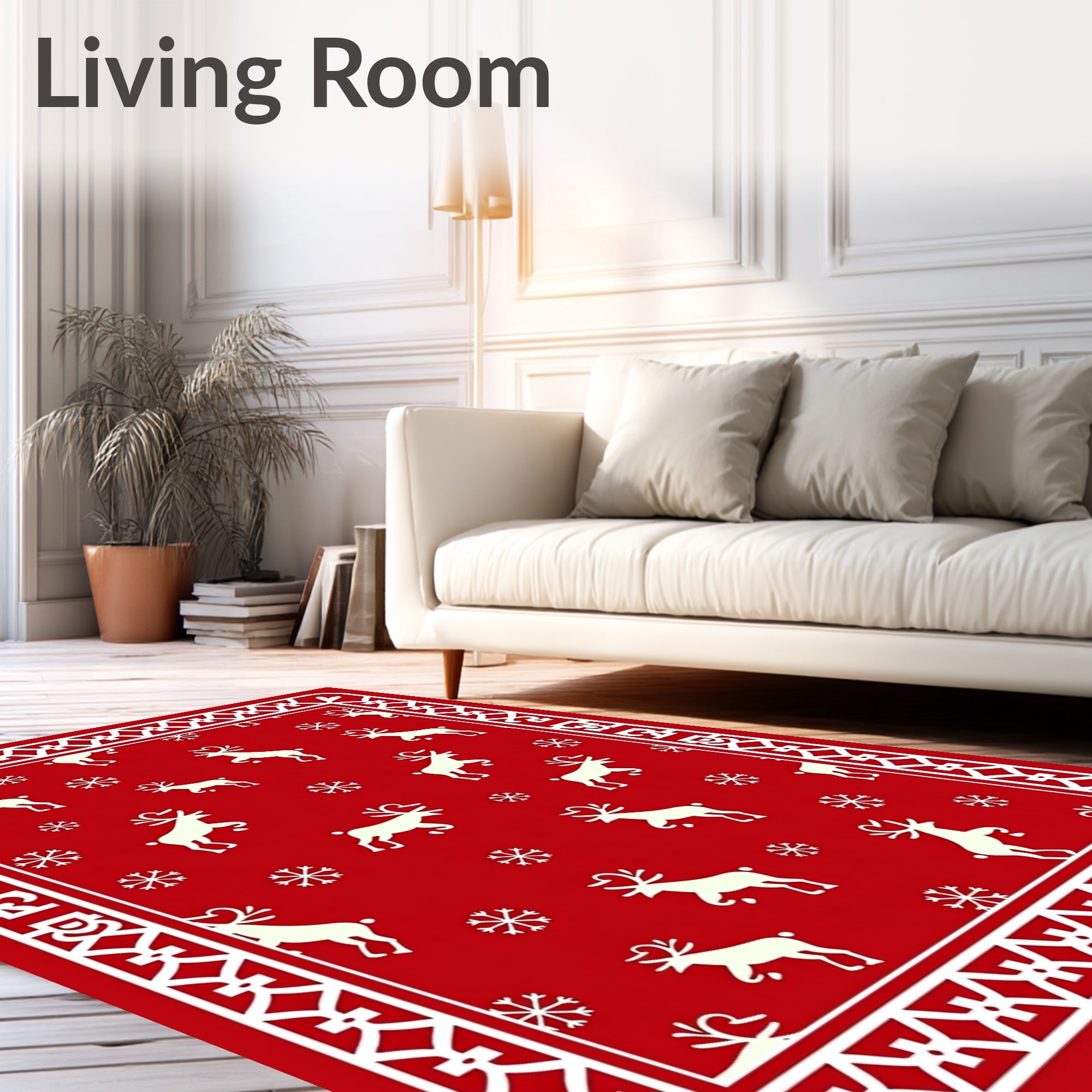 Red Reindeer Snowflake Holiday Border Rug