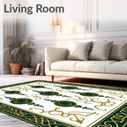 Elegant Dark Green Gold Orb Motif Rug