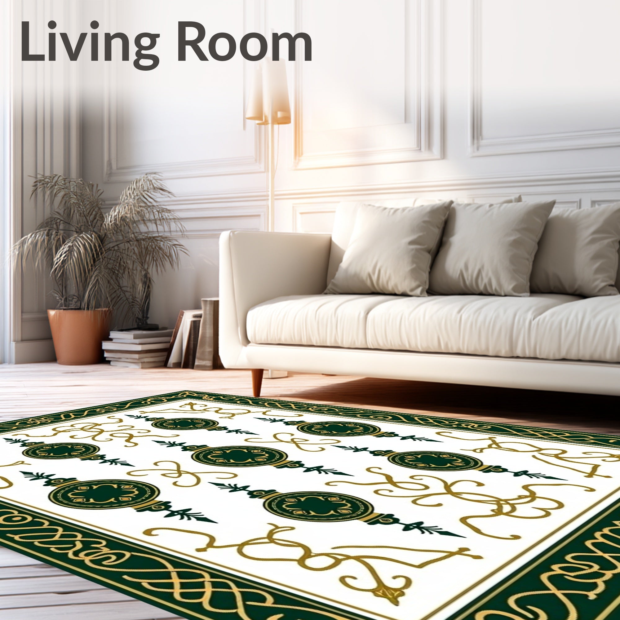 Elegant Dark Green Gold Orb Motif Rug